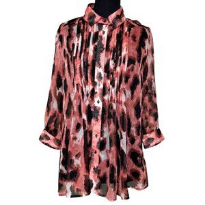 Women's Fever Pink Multicolored Animal Print Sheer Blouse 3/4 Sleeve Size M-READ